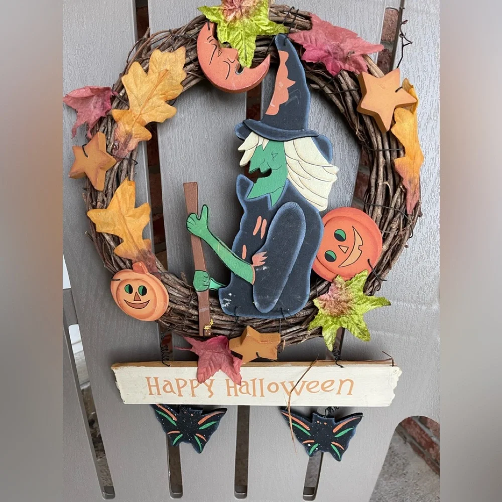 Vintage Spooky Wood Witch Bat Wreath Halloween Fall Foliage Grapevine  Kitschy